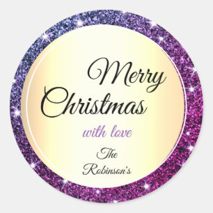 Trendig Lila Glitter Gnistra Stars Guld jul Runt Klistermärke
