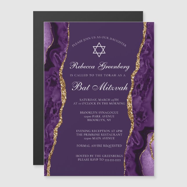 Trendig lila guld Agate Bat Mitzvah-fest Magnetisk Inbjudningskort (Fram/baksida)