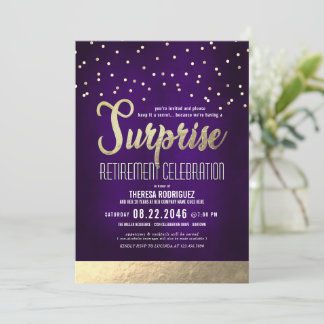 Trendig Lila/Guld Surprise Pension Party Inbjudningar