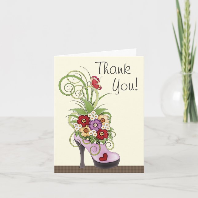 Trendig Lila High Heel Shoe and Flowers Tack Kort (Framsida)