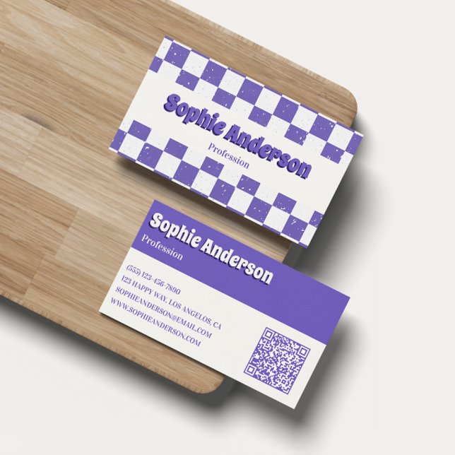 Trendig lila retro-rutmönster med QR-kod Visitkort (Skapare uppladdad)
