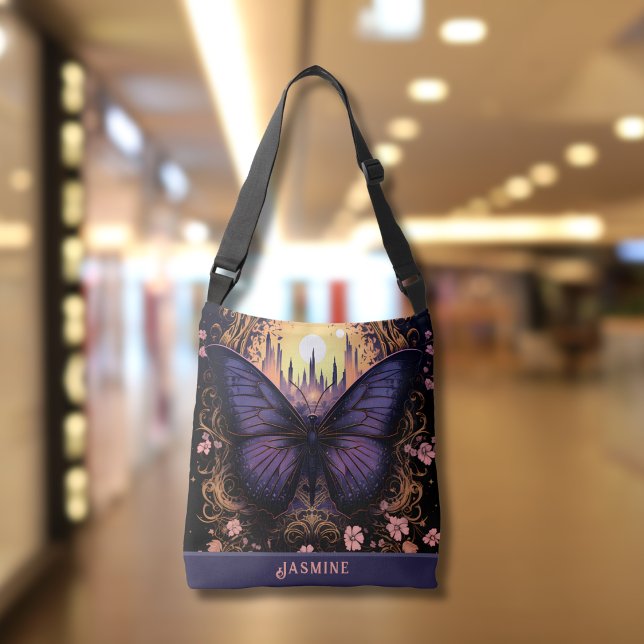 Trendig Lila Rosa Gult Butterfly Axelväska (Trendy Purple Pink Yellow Butterfly Crossbody Tote Bag)