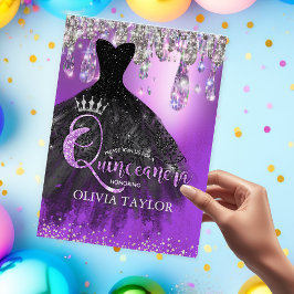 Trendig lila silver glitter droppar Quinceanera  Inbjudningar