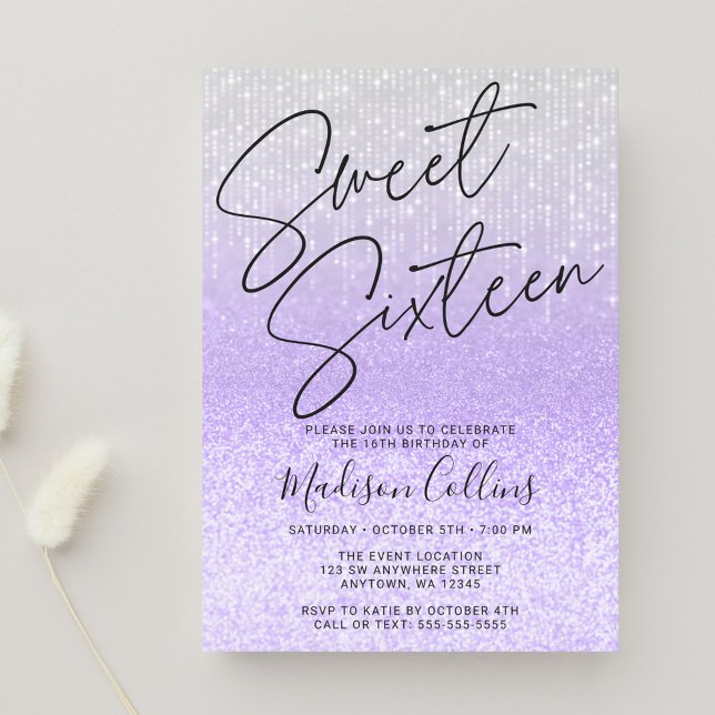 Trendig lila silverglitter Sweet 16 Inbjudningar (Skapare uppladdad)