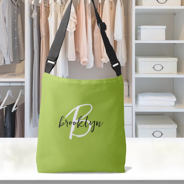 Trendig Limegrön Svart Vit Skrift Monogram Axelväska (Skapare uppladdad)