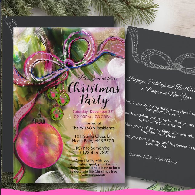Trendig livlig rosa fet band julfest inbjudningar (Trendy Vivid Pink Bold Ribbon Christmas Party Invitation)