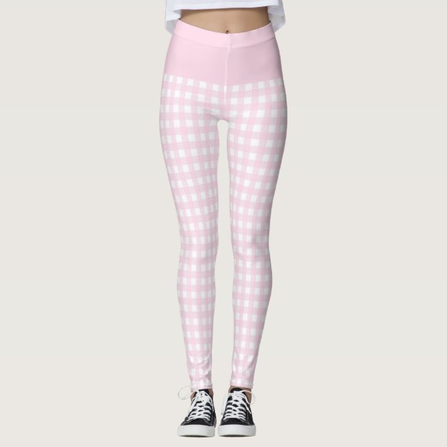 Trendig Ljus rosa och vit check Gingham Mönster Leggings (Framsida)