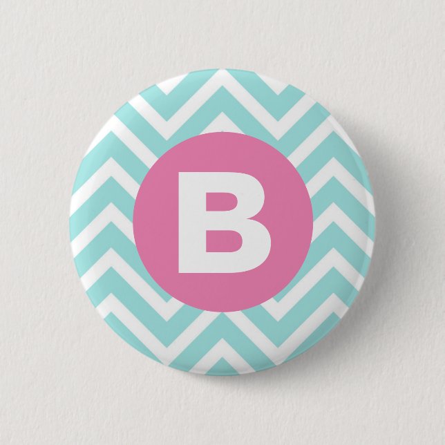 Trendig ljusblå chevron rosa monogram knapp (Framsida)