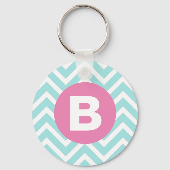 Trendig ljusblå chevron rosa monogram nyckelring (Framsida)
