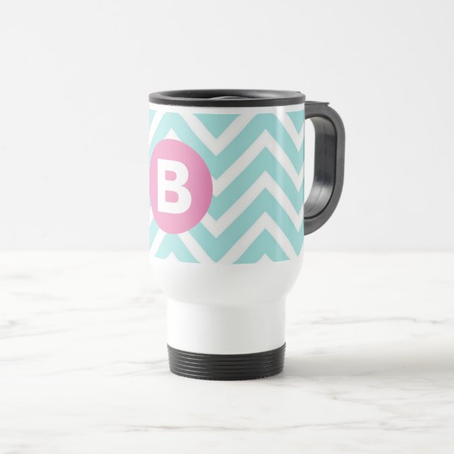 Trendig ljusblå chevron rosa monogram resemugg (Framsida höger)