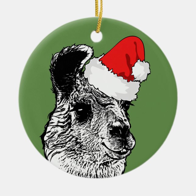 Trendig Llama & Santa Hat | PERSONLIG Julgransprydnad Keramik (Framsidan)