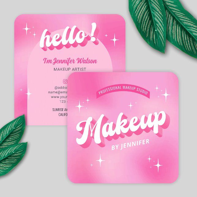 Trendig Makeup Artist Rosa Girly Groovy Beauty Fyrkantigt Visitkort (Modern groovy makeup artist business cards featuring retro fonts, girly pink hues and trendy design)
