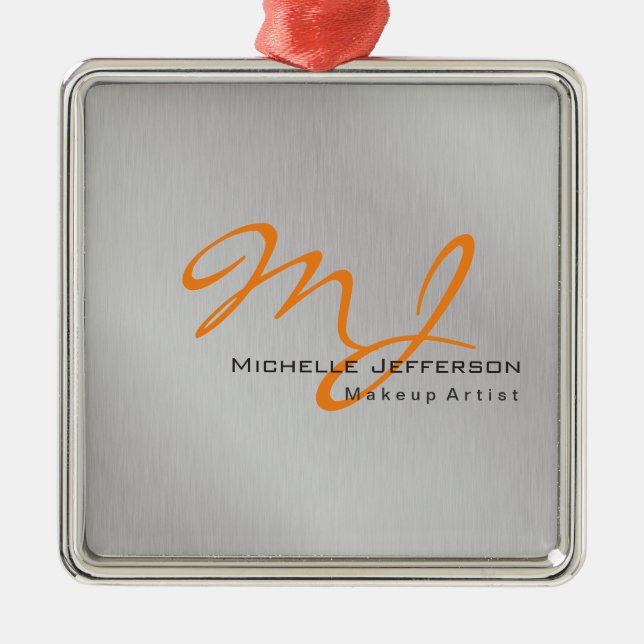 Trendig Makeup Artist Silver Grått Orange Monogram Julgransprydnad Metall (Framsidan)