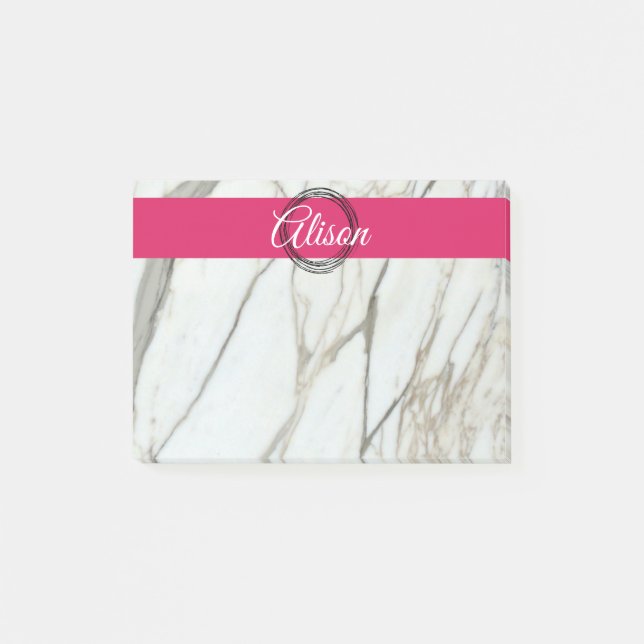 Trendig marble, rosa, eget namn post-it block (Framsida)