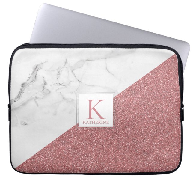 Trendig Marble  Rosa Glitter Girly Monogram Laptop Fodral (Framsidan)