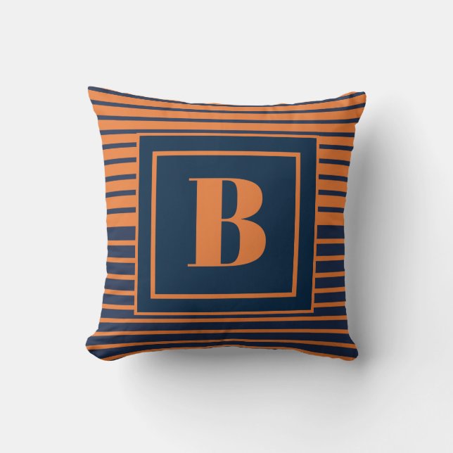 Trendig marinblå orange randig stor monogram kudde (Framsida)