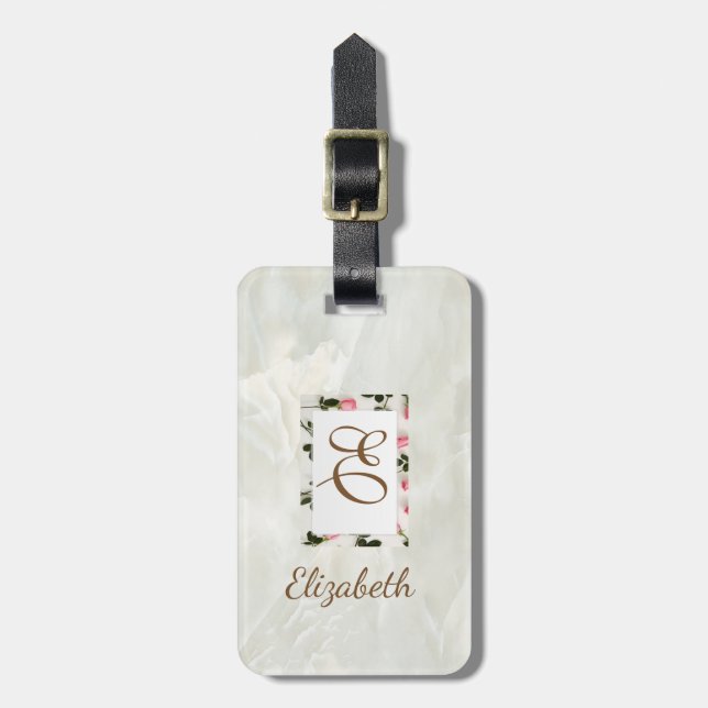 Trendig marmor, blomsterram Monogram-personlig Bagagebricka (Vertikal Framsida)