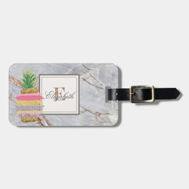 Trendig marmorerad stentextur, monogram ananas bagagebricka (Horisontell Framsida)