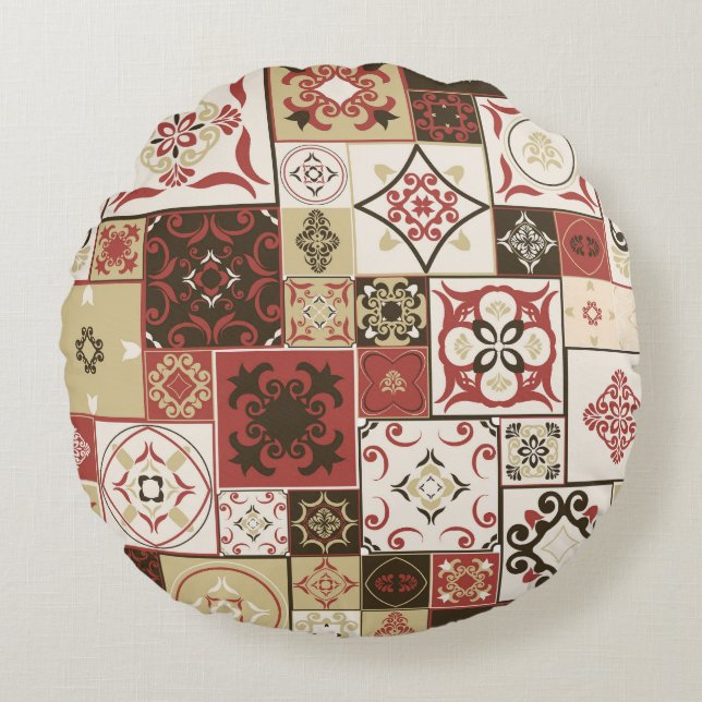 Trendig Marsala Moroccan Tile Mönster Rund Kudde (Framsidan)