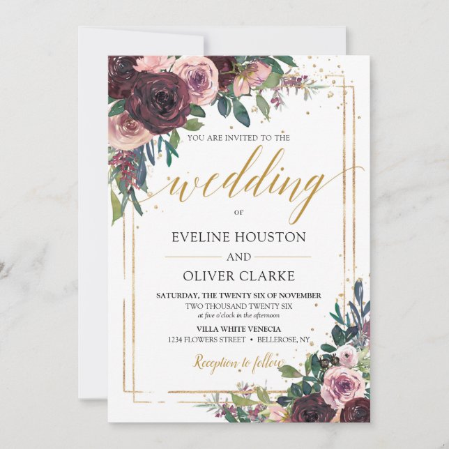 Trendig mauve ro dammiga rosa blommor guld glitter inbjudningar (Framsida)