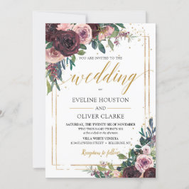 Trendig mauve ro dammiga rosa blommor guld glitter inbjudningar