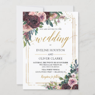 Trendig mauve ro dammiga rosa blommor guld glitter inbjudningar