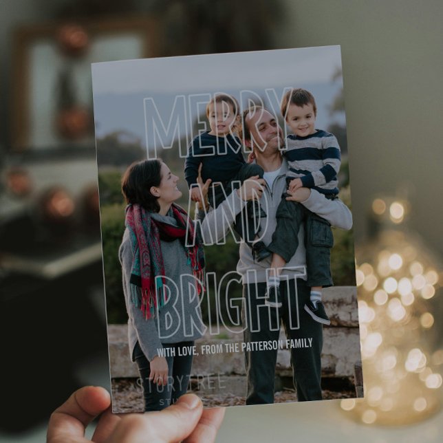Trendig Merry och Bright Overlay Helgdag Flat Card Julkort (Trendy Merry and Bright Holiday Photo Card)