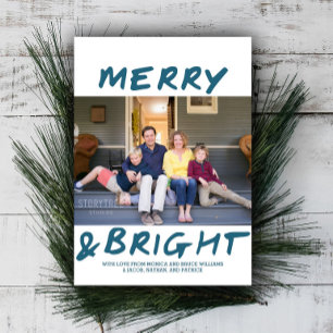 Trendig Merry och Bright Photo Card   Blå Julkort