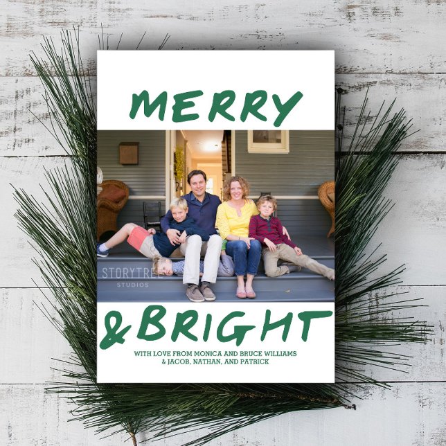 Trendig Merry och Bright Photo Card | GRÖNT Julkort (Green Merry and Bright Christmas Photo Card)
