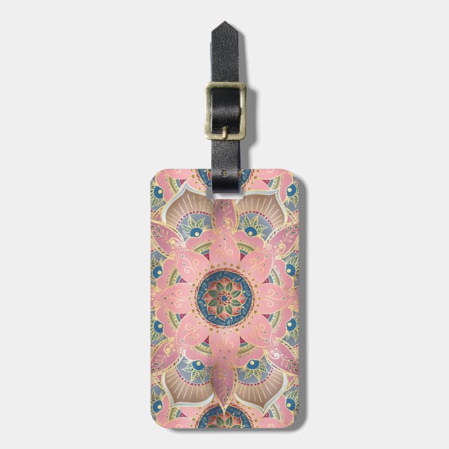 Trendig Metallic Guld och Rosa Mandala Design Bagagebricka (Vertikal Framsida)