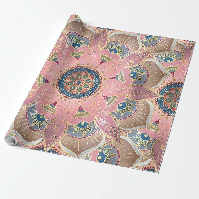Trendig Metallic Guld och Rosa Mandala Design Presentpapper (Utrullad)