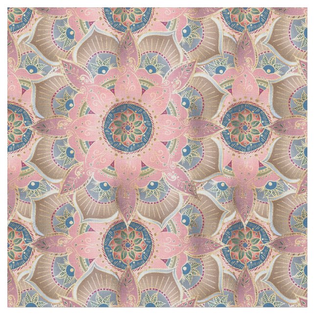 Trendig Metallic Guld och Rosa Mandala Design Tyg (Närbild)