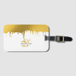 Trendig metallisk dropp-monogram i guld bagagebricka