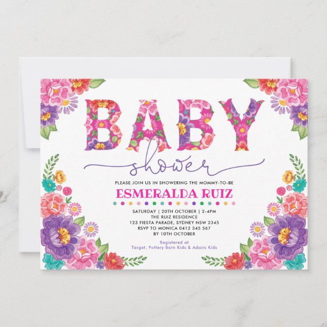 Trendig Mexikansk Blommigt Fiesta Girl Baby Shower Inbjudningar (Framsida)
