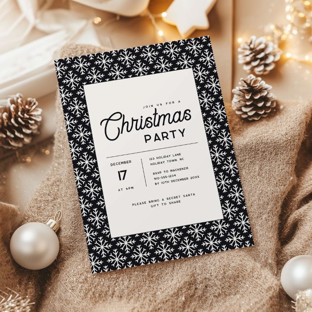Trendig minimal svart och vit snöflinga jul inbjudningar (Neutral Snowflake Modern Christmas Party invitation black)