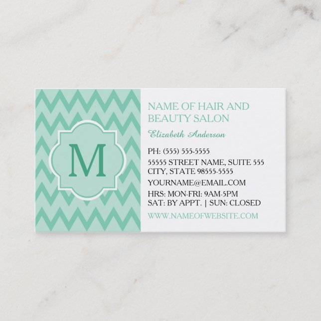 Trendig Mint Chevron Zigzag Monogram Hair Boutique Visitkort (Framsida)