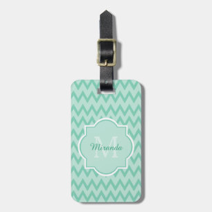 Trendig Mint Grönt Chevron Zigzag Namn och Monogra Bagagebricka