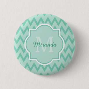 Trendig Mint Grönt Chevron Zigzag Namn och Monogra Knapp