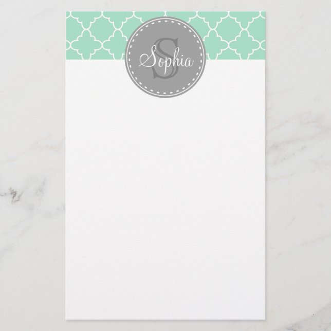 Trendig Mint Trellis Mönster Grått Monogram Brevpapper (Framsida)
