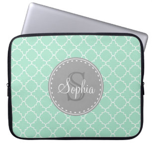 Trendig Mint Trellis Mönster Grått Monogram Laptop Fodral