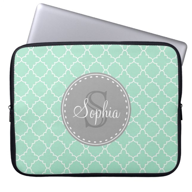 Trendig Mint Trellis Mönster Grått Monogram Laptop Fodral (Framsidan)