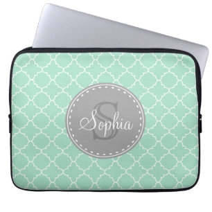 Trendig Mint Trellis Mönster Grått Monogram Laptop Sleeve