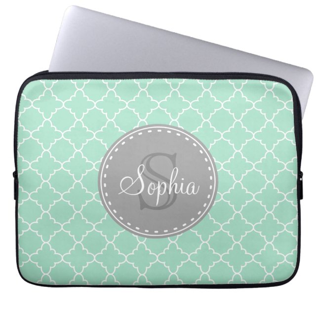 Trendig Mint Trellis Mönster Grått Monogram Laptop Sleeve (Framsidan)
