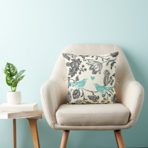 Trendig Mintgrå Vintage Modern Blommig Fågel Kudde