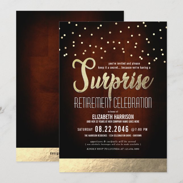 Trendig Mocha/Guld Surprise Pension Party Invita Inbjudningar (Fram/baksida)