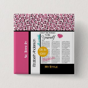 Trendig Mode Newsprint Rosa Leopard och Namn Knapp