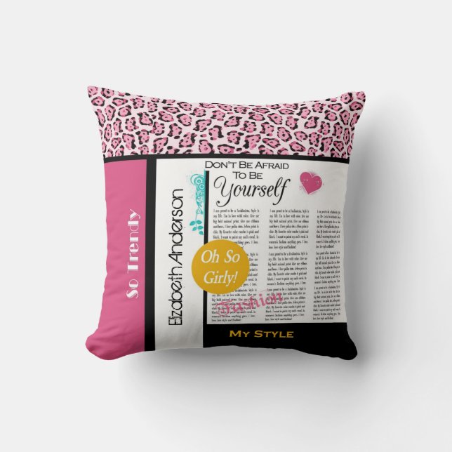 Trendig mode nyhetsutskrift rosa leopard och namn kudde (Framsida)