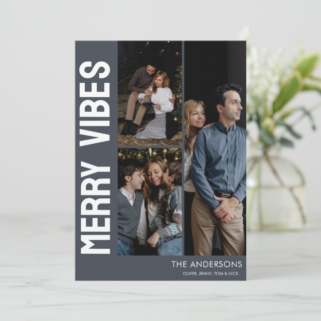 Trendig Modern 3 Photo Merry Vibes Julkort (Stående Fram)