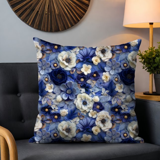 Trendig Modern Blue White 3D-Blommönster Kudde (Skapare uppladdad)