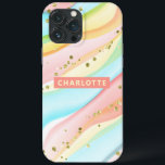 Trendig Modern Colorful Girly Personlig Namn<br><div class="desc">Trendiget Modern Colorful Girly Personlig Namn iphone case har en färgstark, modern abstrakt vattenfärgsbakgrund i blått, grönt, gult, orange och rosa med guld glitter accents. I mitten finns din anpassningsbar personlig namn i rosa-skript. Anpassa genom att redigera texten i textrutorna. Perfekt för födelsedagspresent, julklappar och helgdag. Designad av ©Evco Studio...</div>